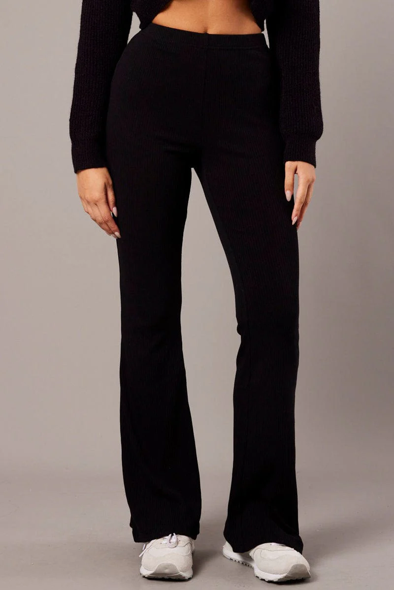 Black Flare Leg Pants Rib