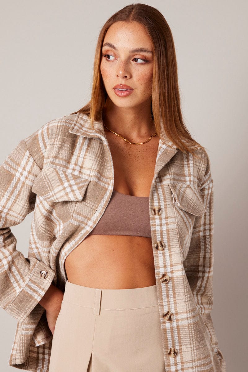 Beige Check Relaxed Shirt Long Sleeve