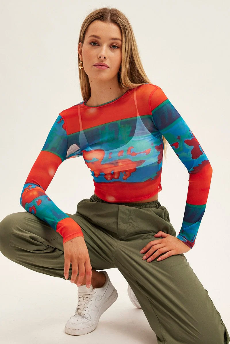 Multi Print Abstract Mesh Top Long Sleeve