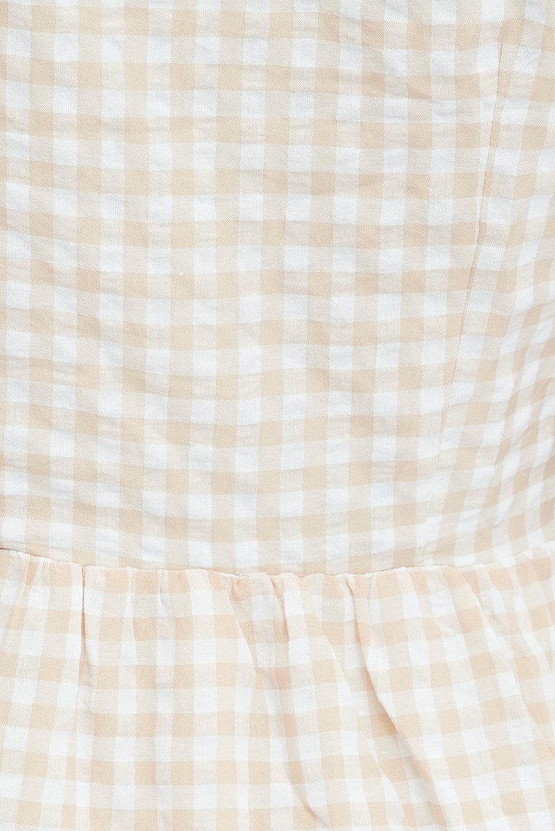 Beige Check Fit and Flare Dress Short Sleeve Tiered