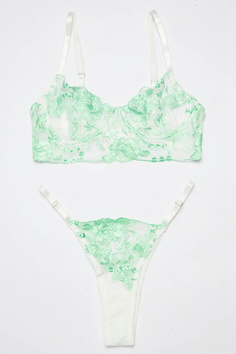 Green Floral Embroidered Lingerie Set