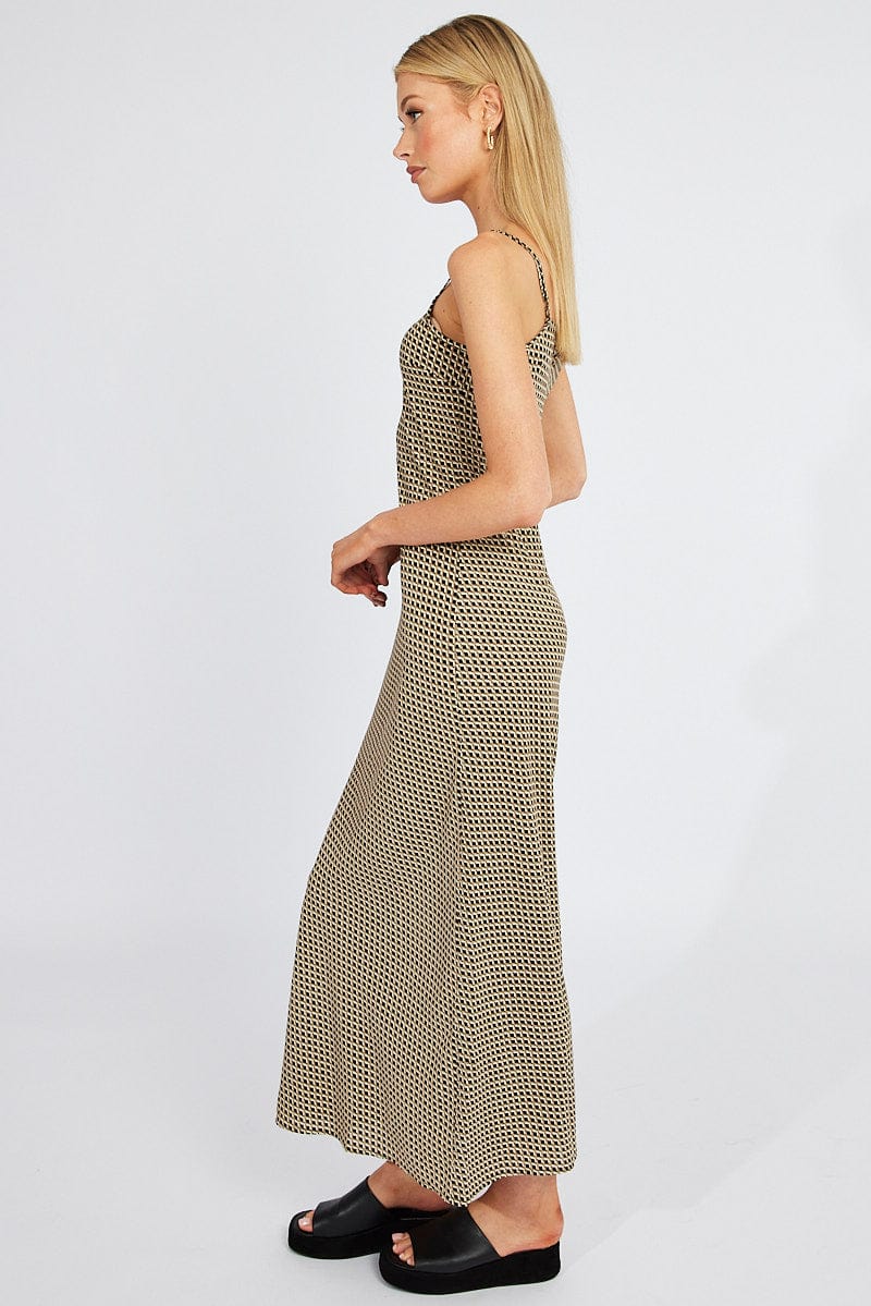Brown Geo Maxi Dress Bias Cut