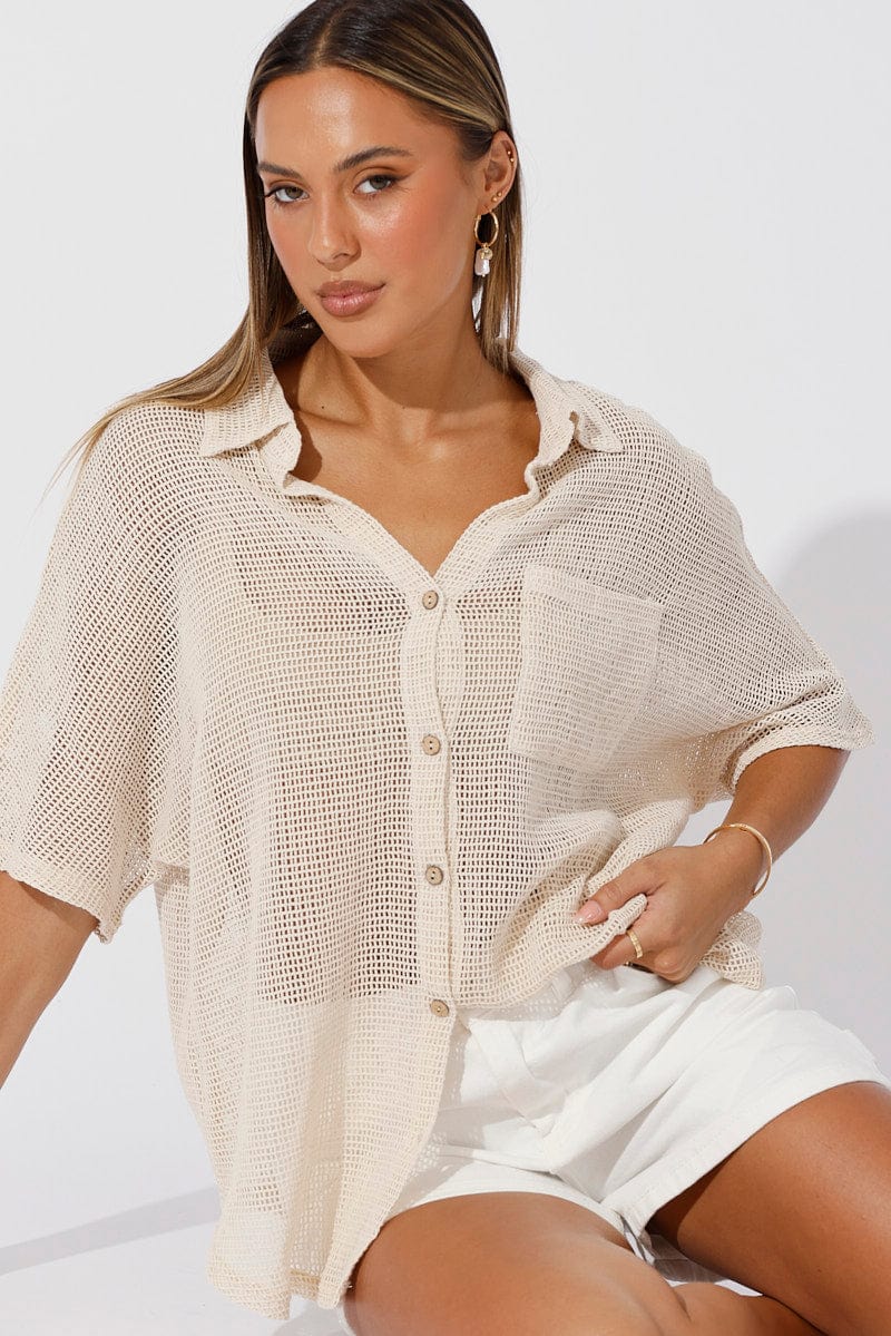 Beige Shirt Short Sleeve Collared Neck
