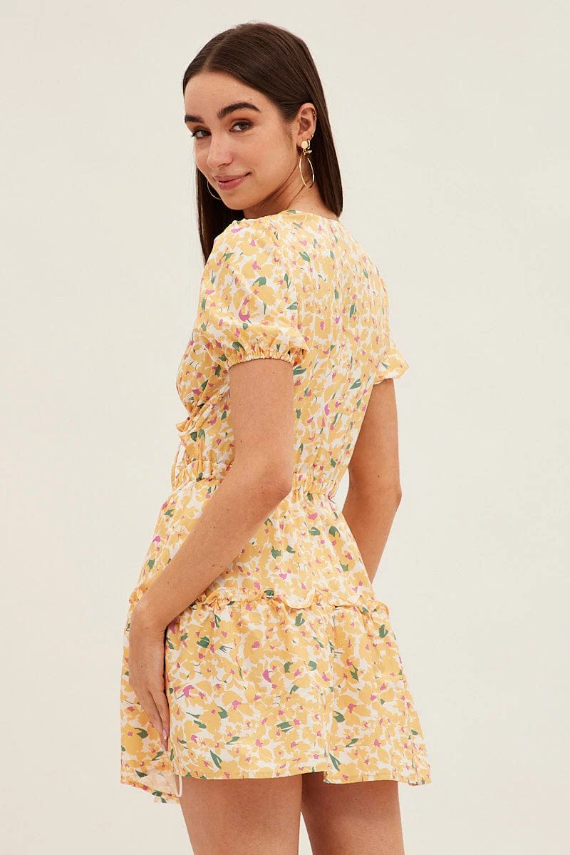 Yellow Print Cutout Skater Dress