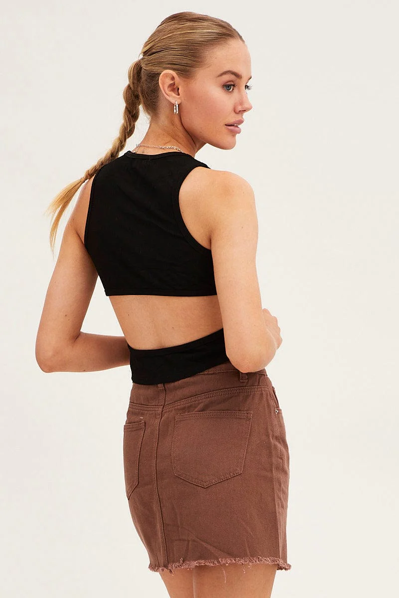 Brown Denim Skirt Mini Asymmetric Hem
