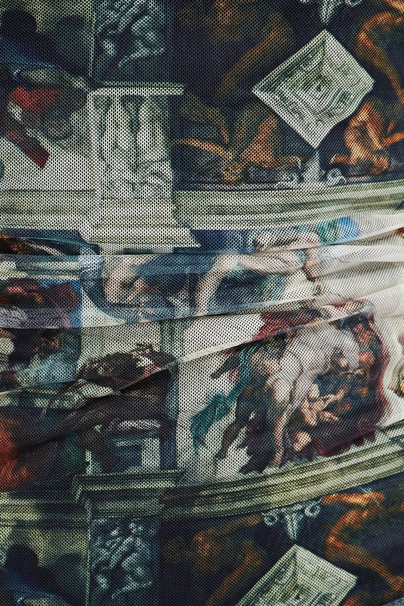 Multi Print Bodycon Dress Ruched Side Long Sleeve Mini