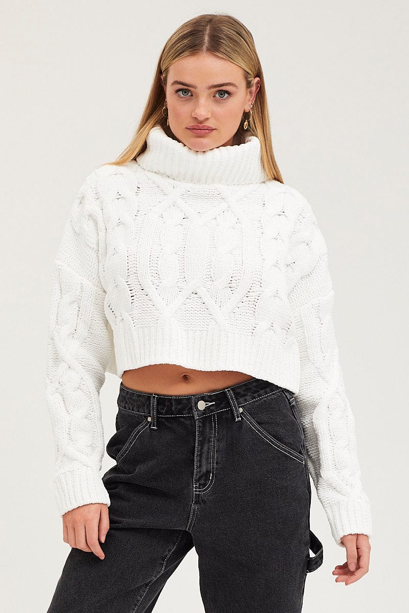 White Knit Top Long Sleeve Crop Turtleneck