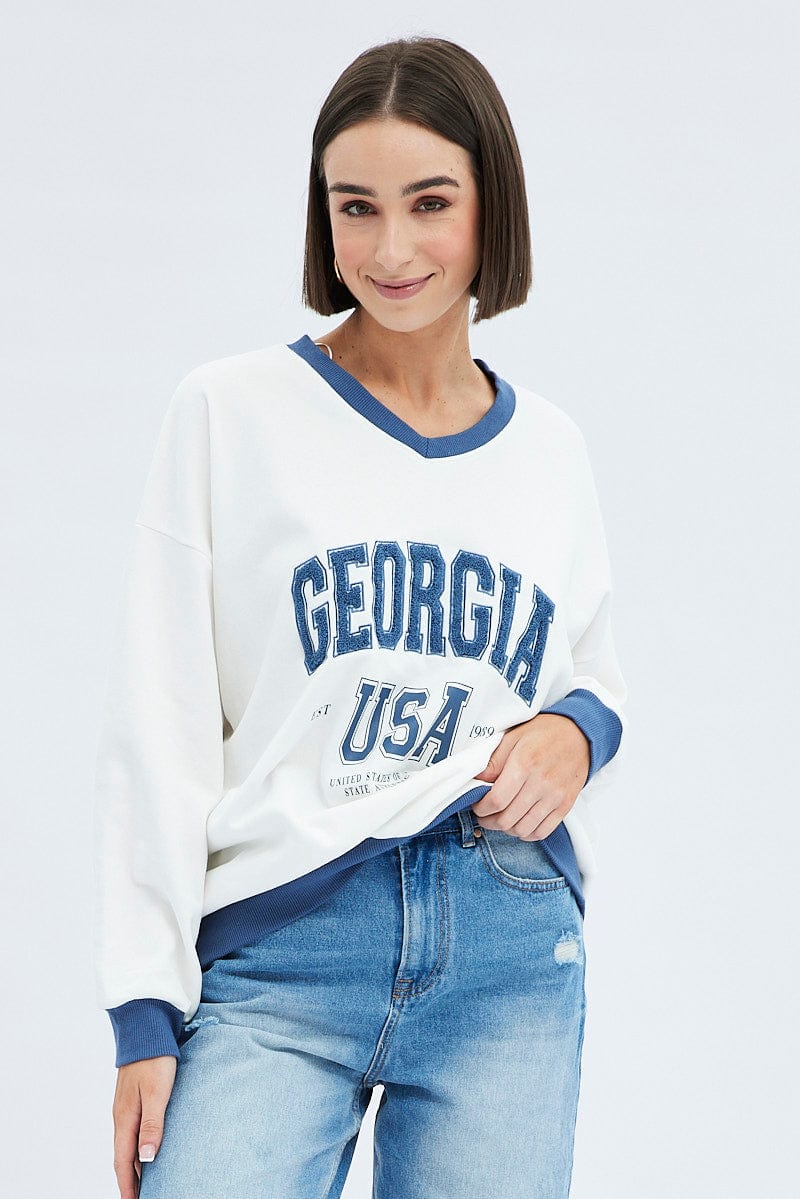 White Sweat Shirt Long Sleeve V-Neck Georgia Terry
