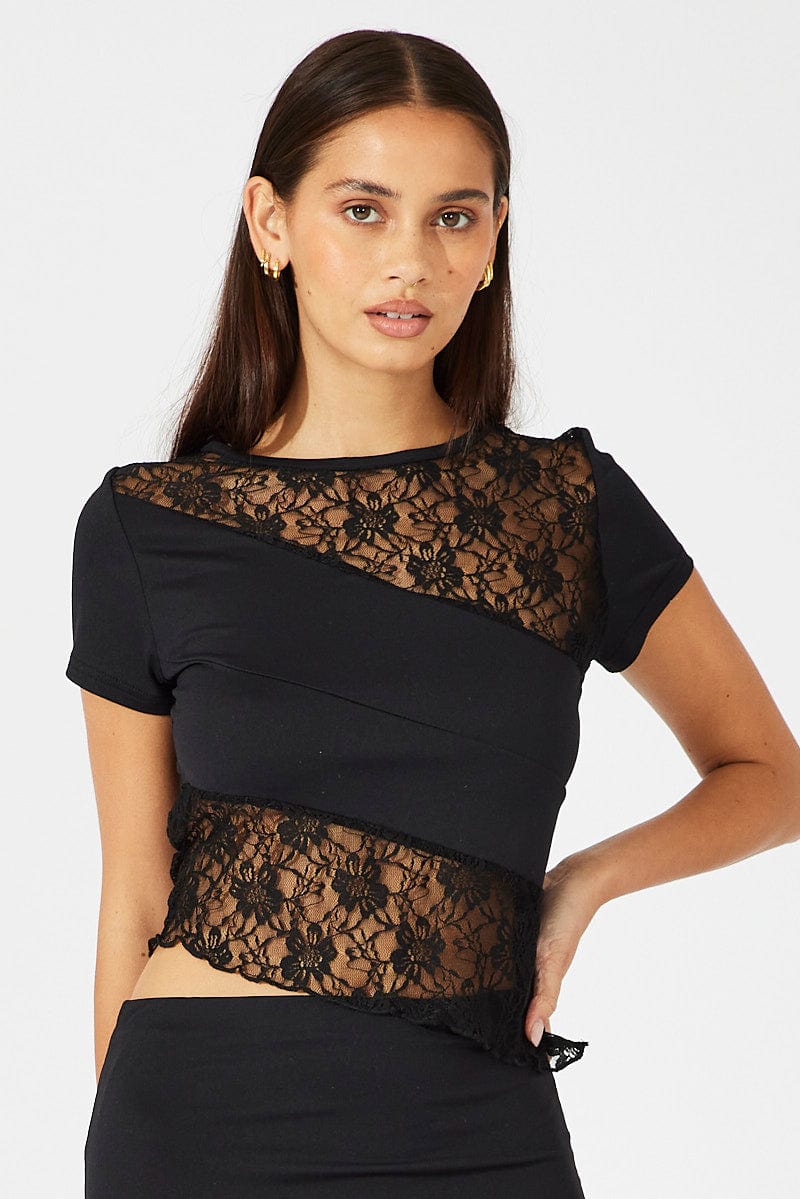 Black Supersoft Lace Top Short Sleeve