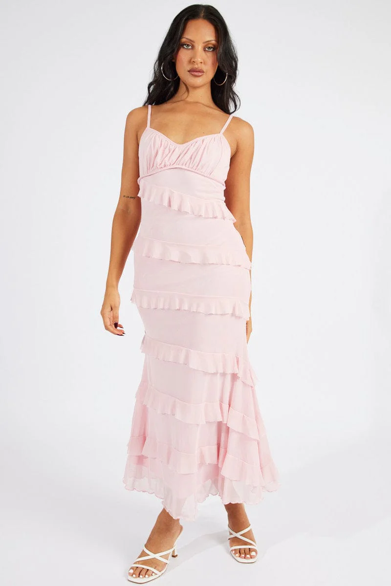 Pink Maxi Dress Sleeveless Sweetheart Frill Mesh