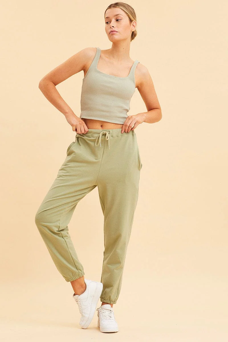 Green Lounge Pant Cotton Terry Stretch Drawstring Waist