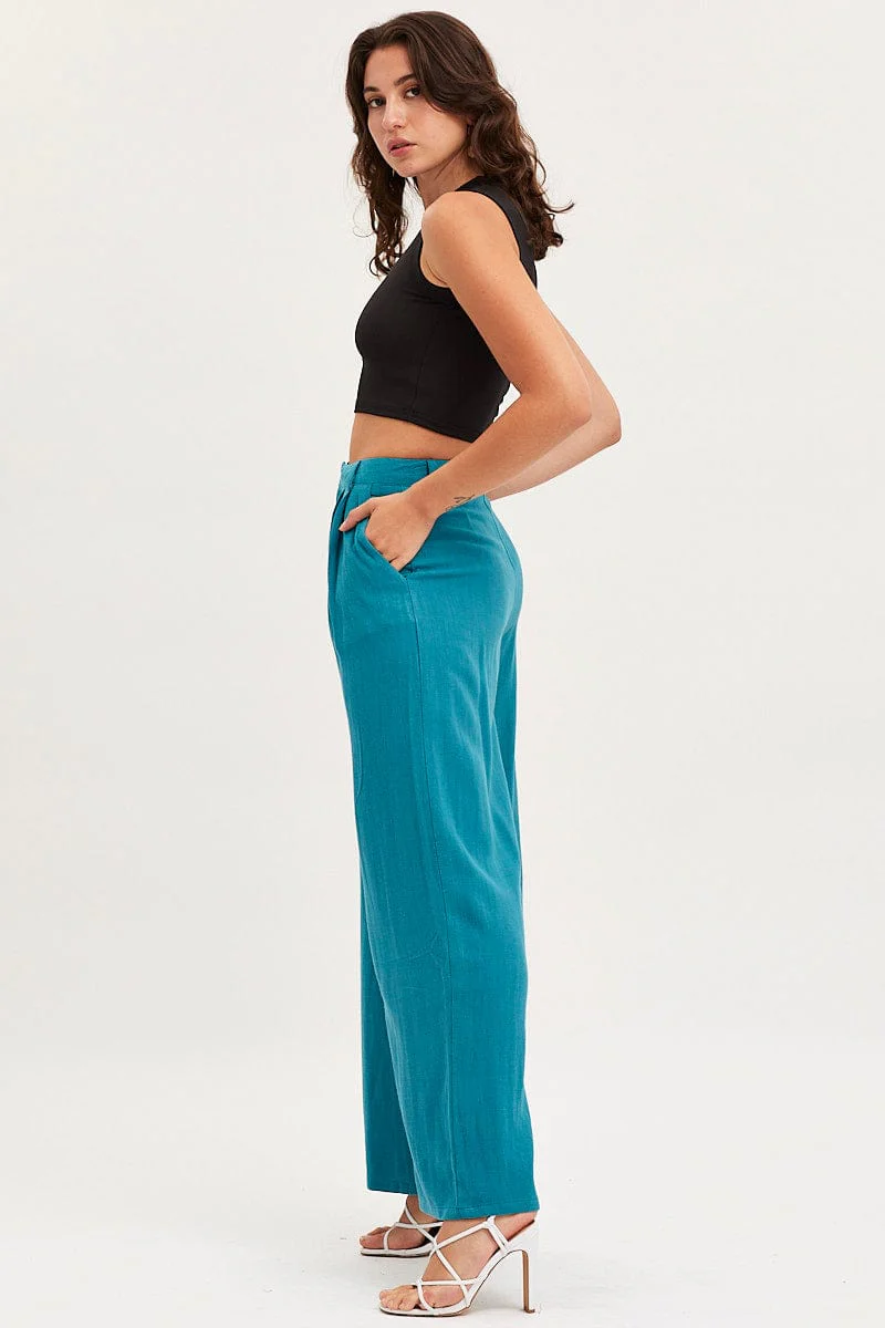 Blue Wide Leg Pants High Rise
