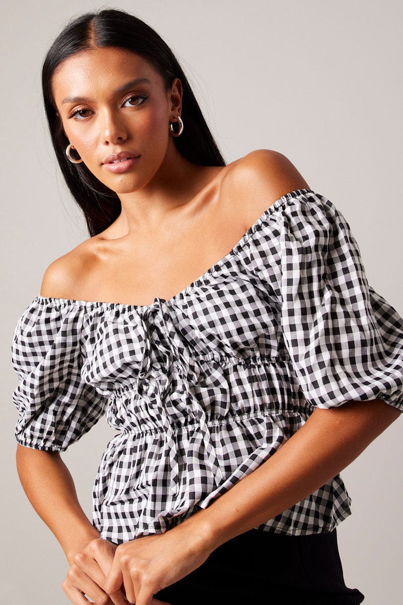 Yellow Check Ruched Peplum Top Short Sleeve