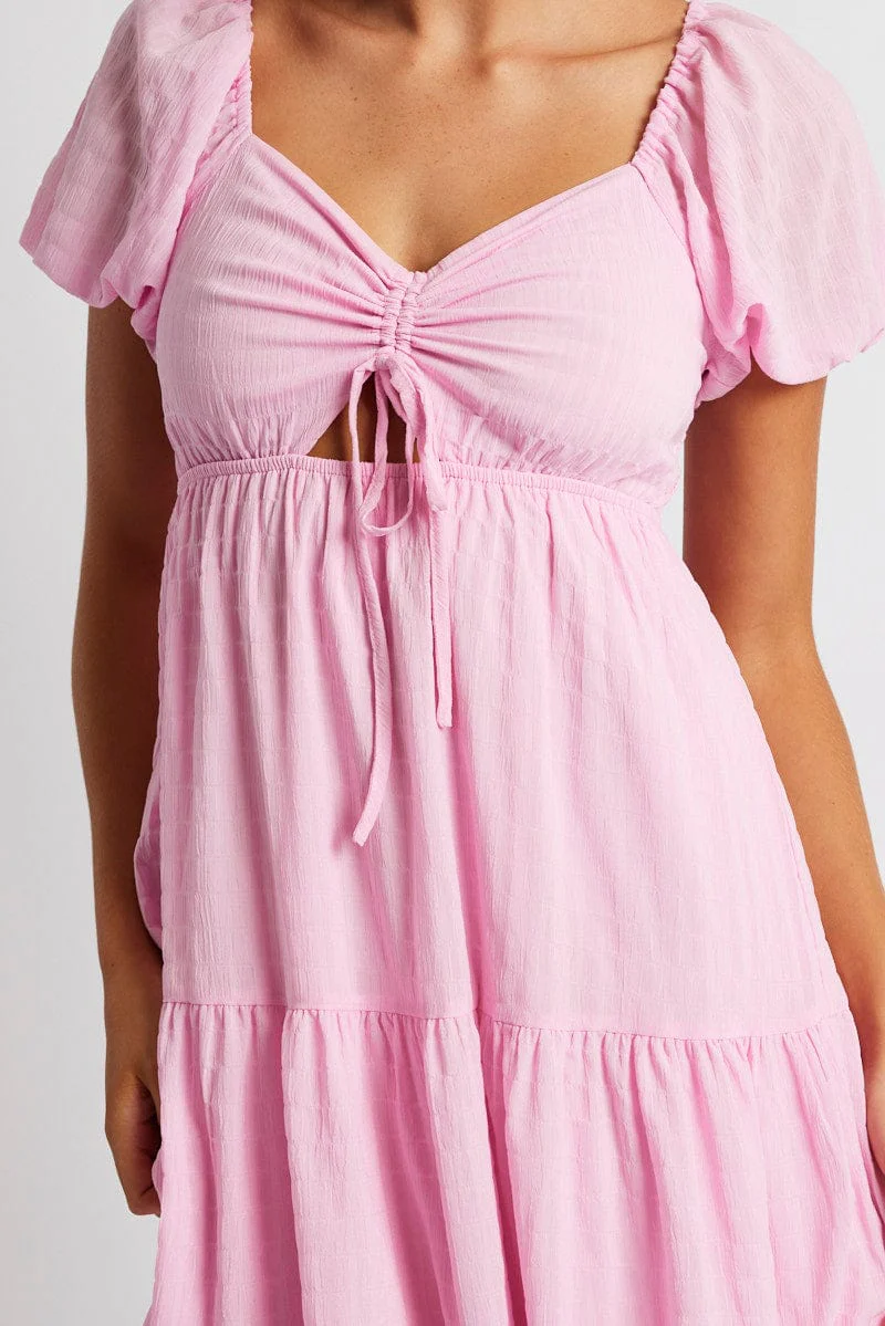 Pink Midi Dress Puff Sleeve Ruch Front