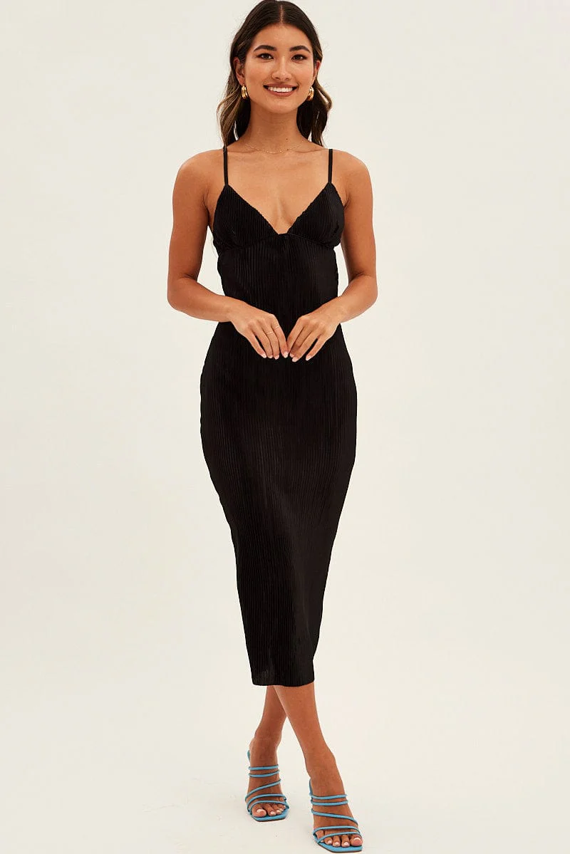 Black Slip Dress Midi Plisse Satin