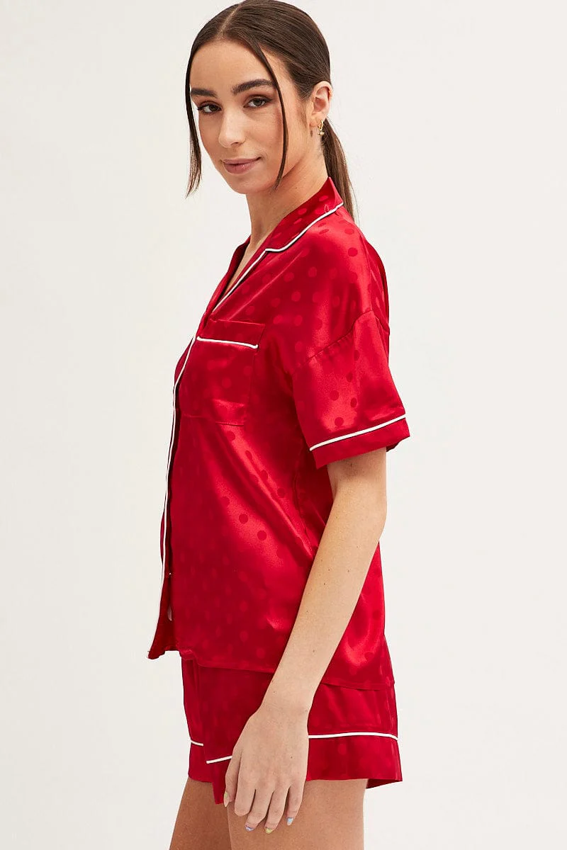 Red Polka Dot Pyjamas Set Short Sleeve Collared Shorts Satin