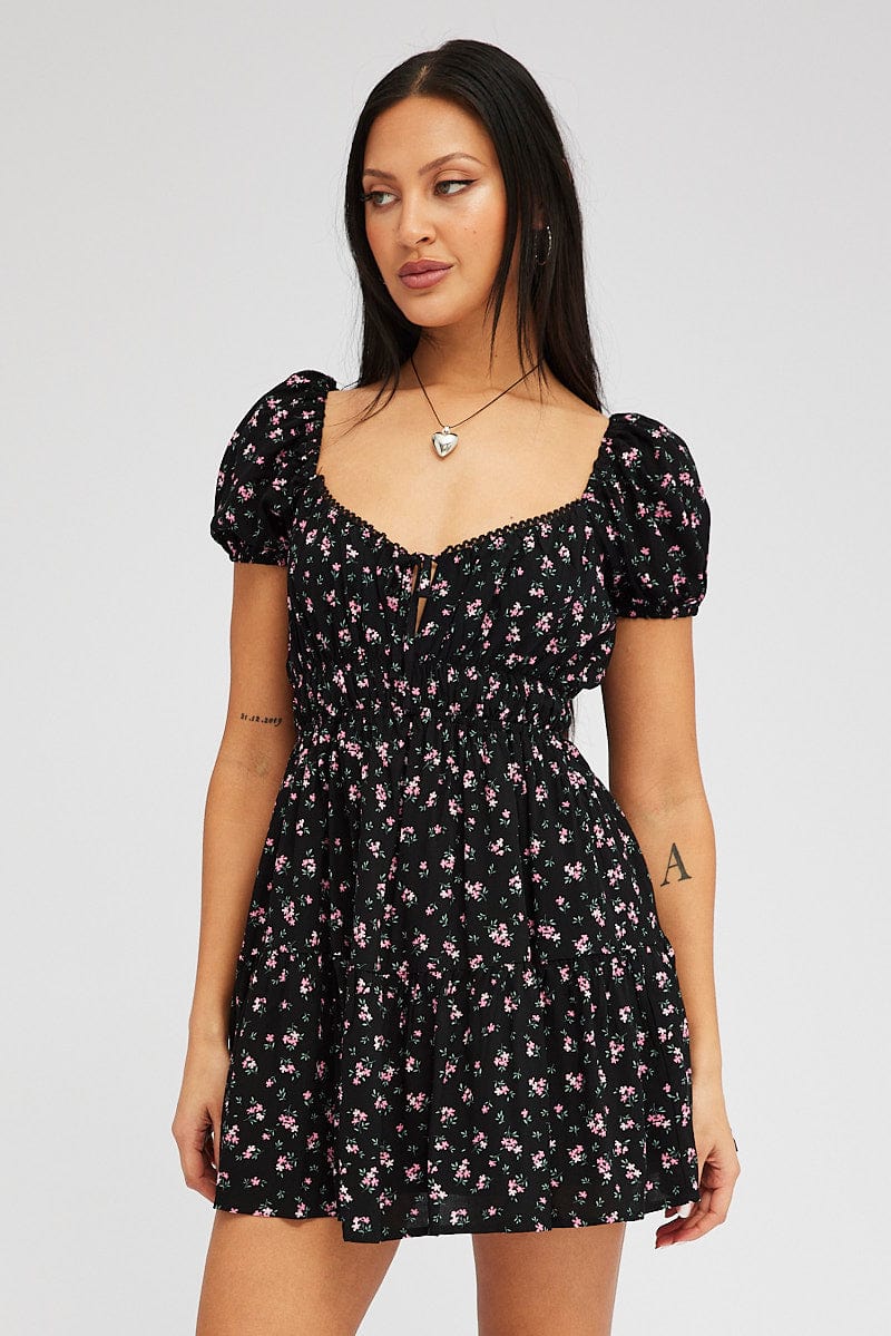 Black Floral Fit And Flare Dress Puff Sleeve Mini