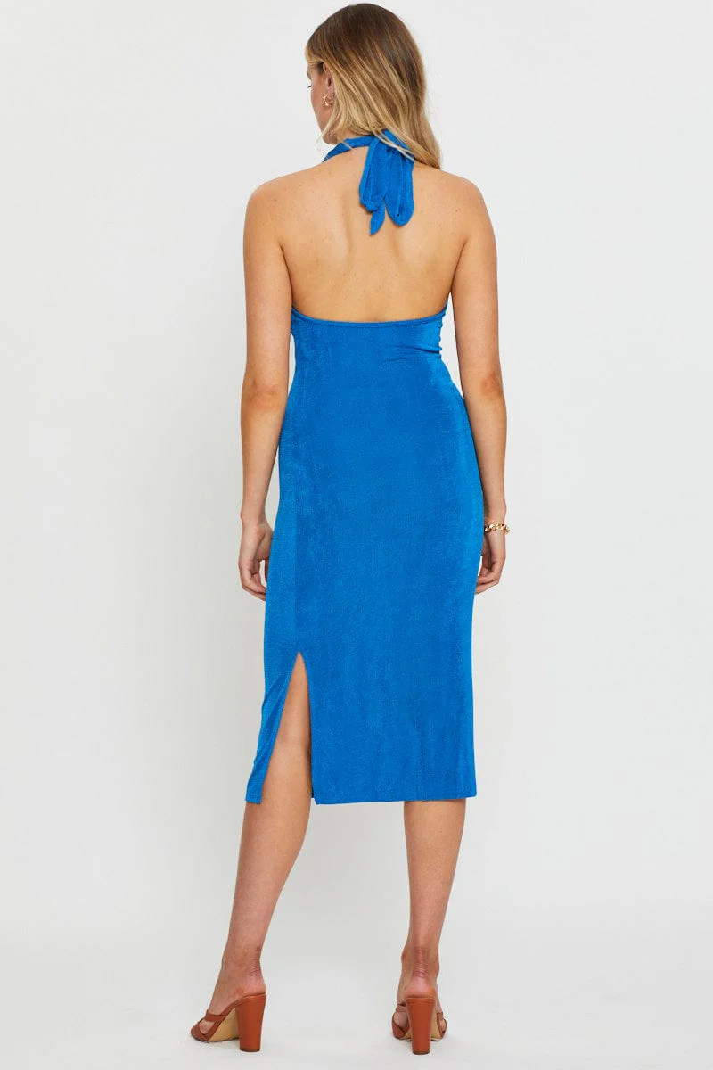 Blue Midi Dress Halter Neck