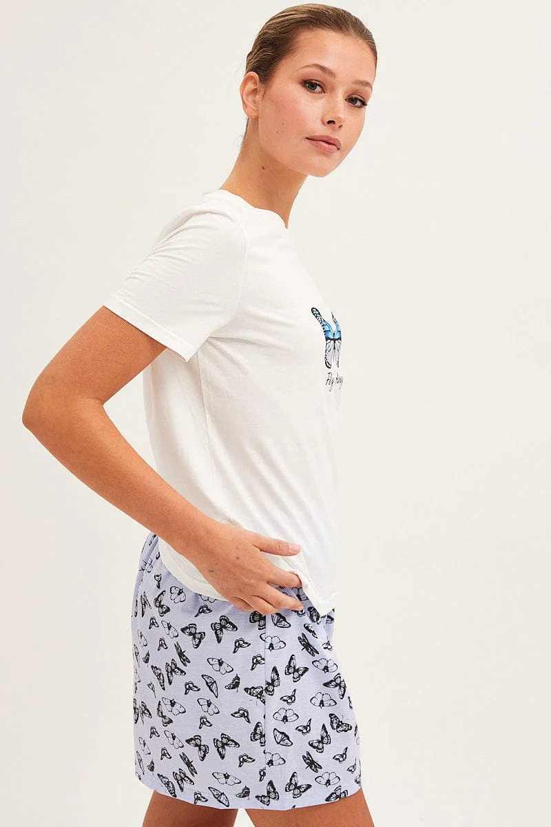 Blue Print Pyjamas Set Short Sleeve Top & Shorts