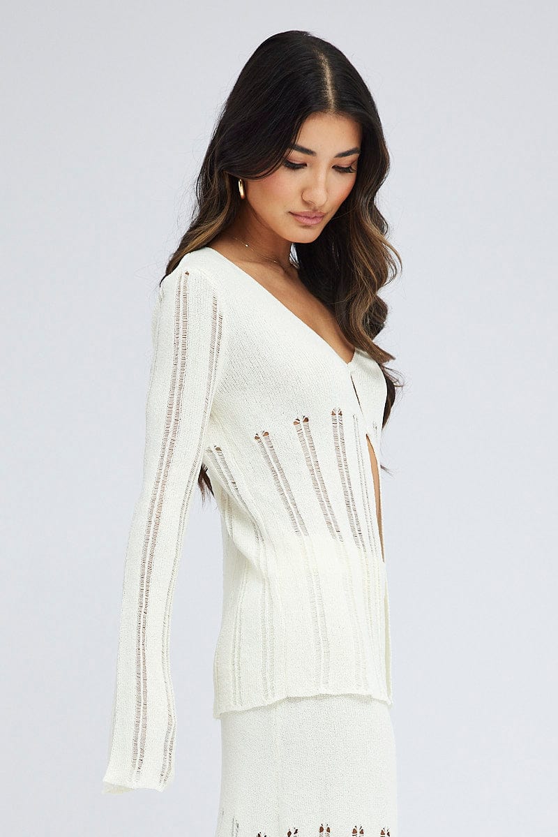 White Cardigan Long Sleeve V Neck Button Ladder Knitted