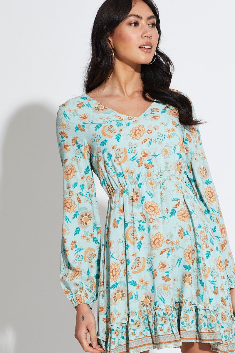 Boho Print Mini Dress Long Sleeve V Neck
