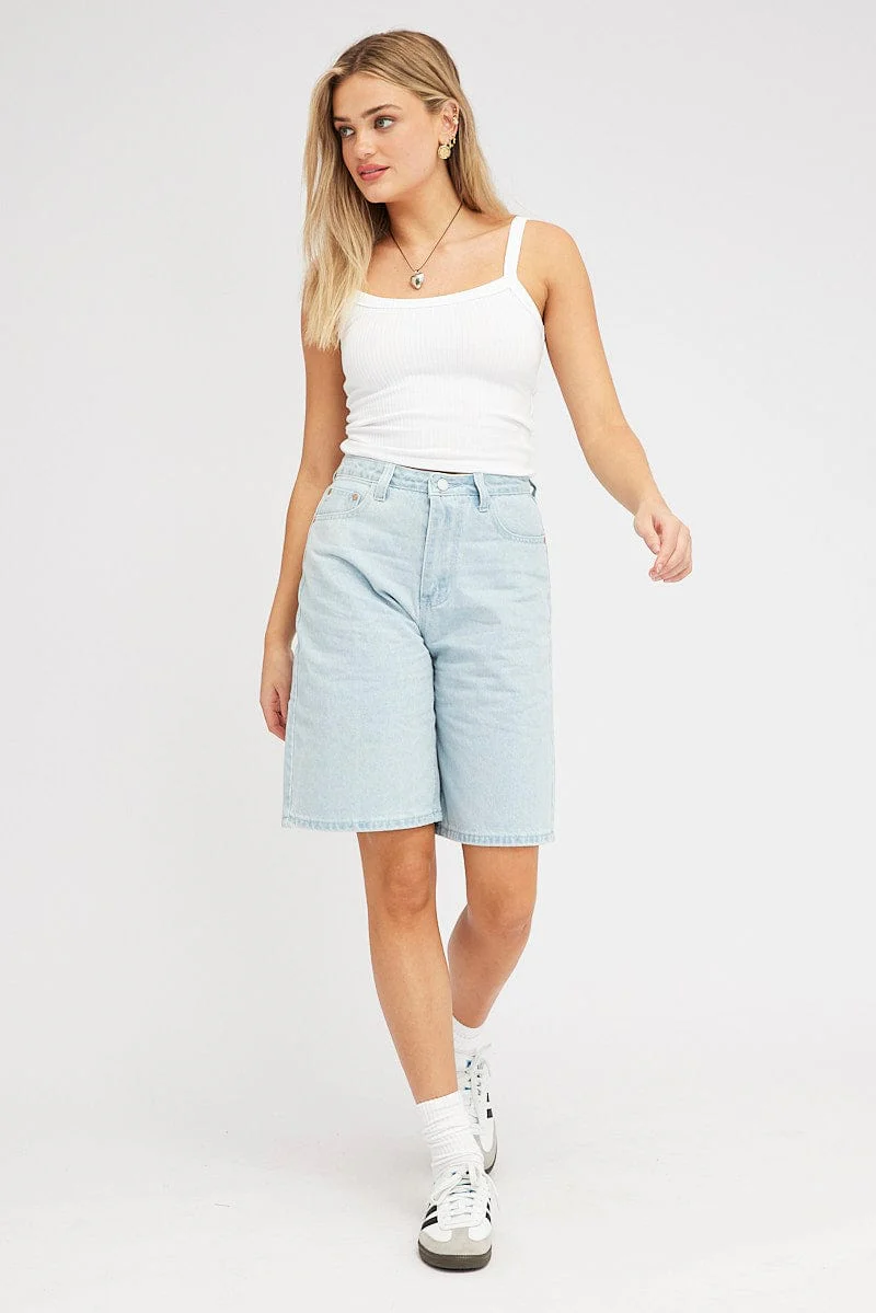 Blue Denim Knee Length Denim Shorts Relaxed