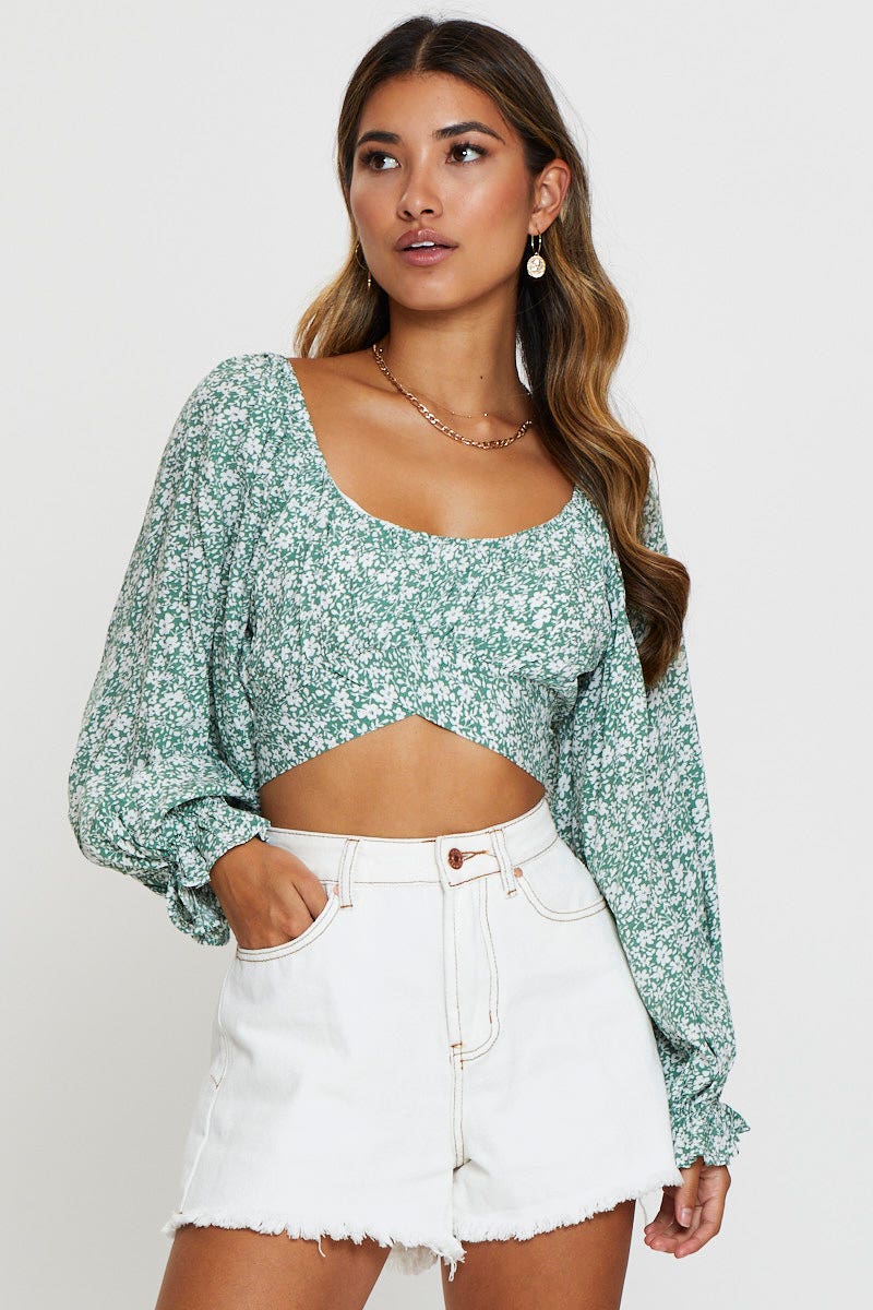 Print Crop Top Long Sleeve