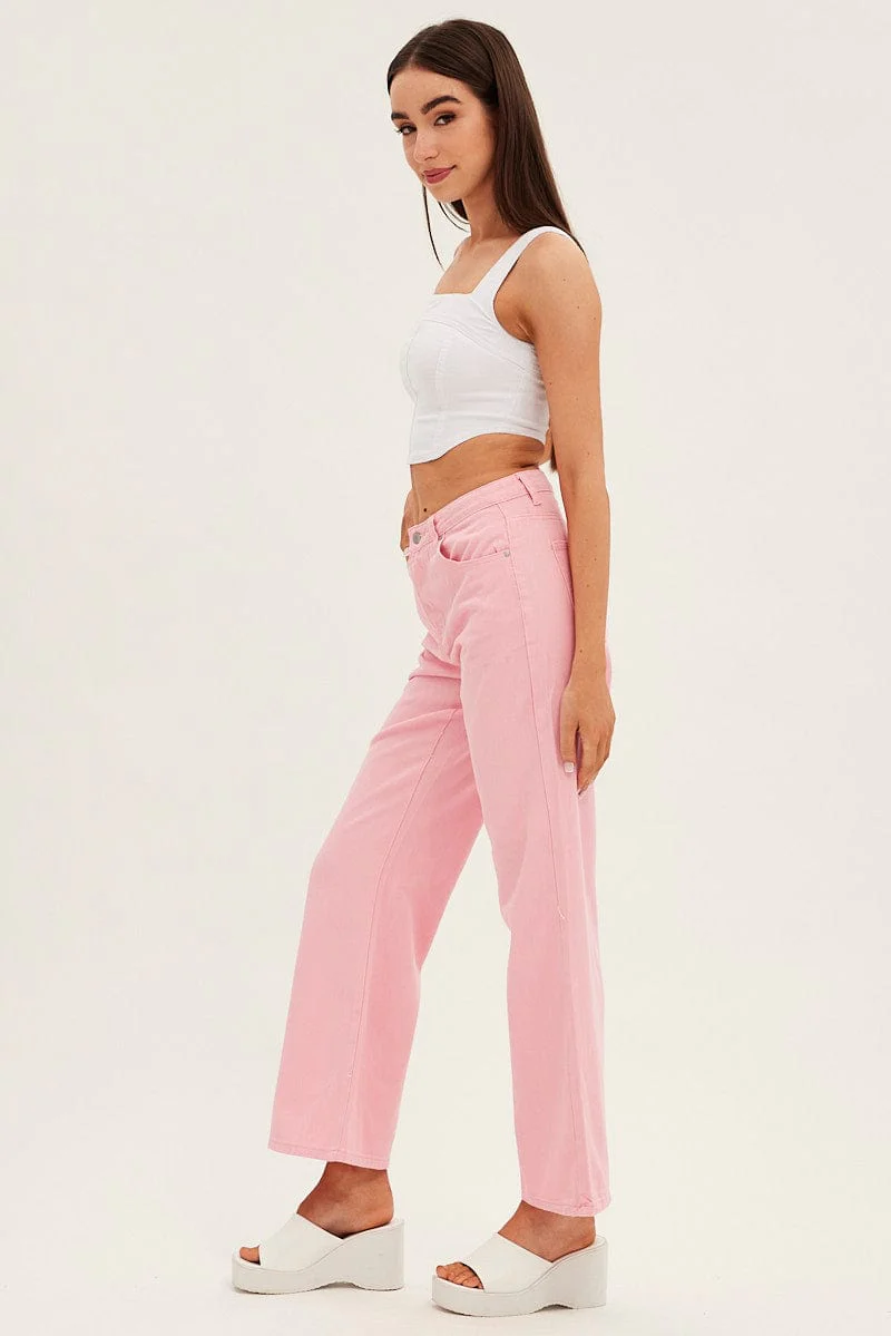 Pink Denim Jeans High Rise Wide Leg