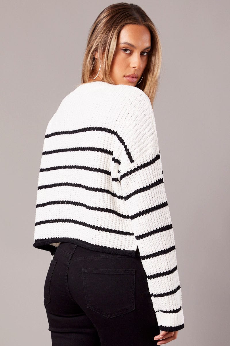 White Stripe Knit Top Long Sleeve Chenille