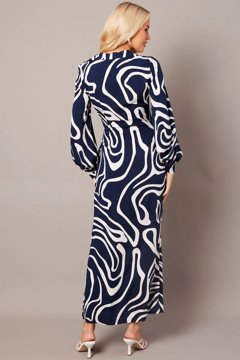 Blue Abstract Wrap Maxi Dress Shirt Dress