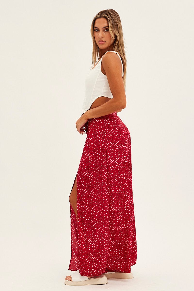 Red Polka Dot Wide Leg Pants High Rise Waist Tie