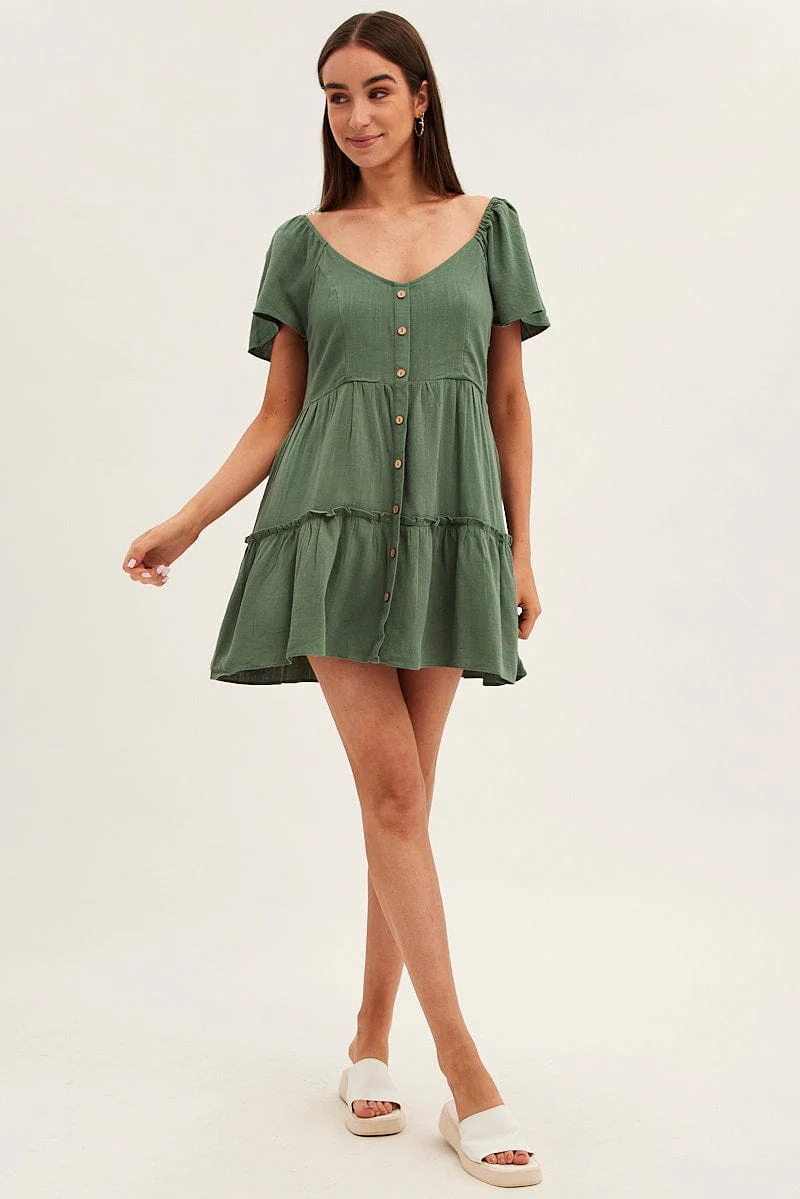 Green Dress Square Neck Short Sleeve Tiered Button Front