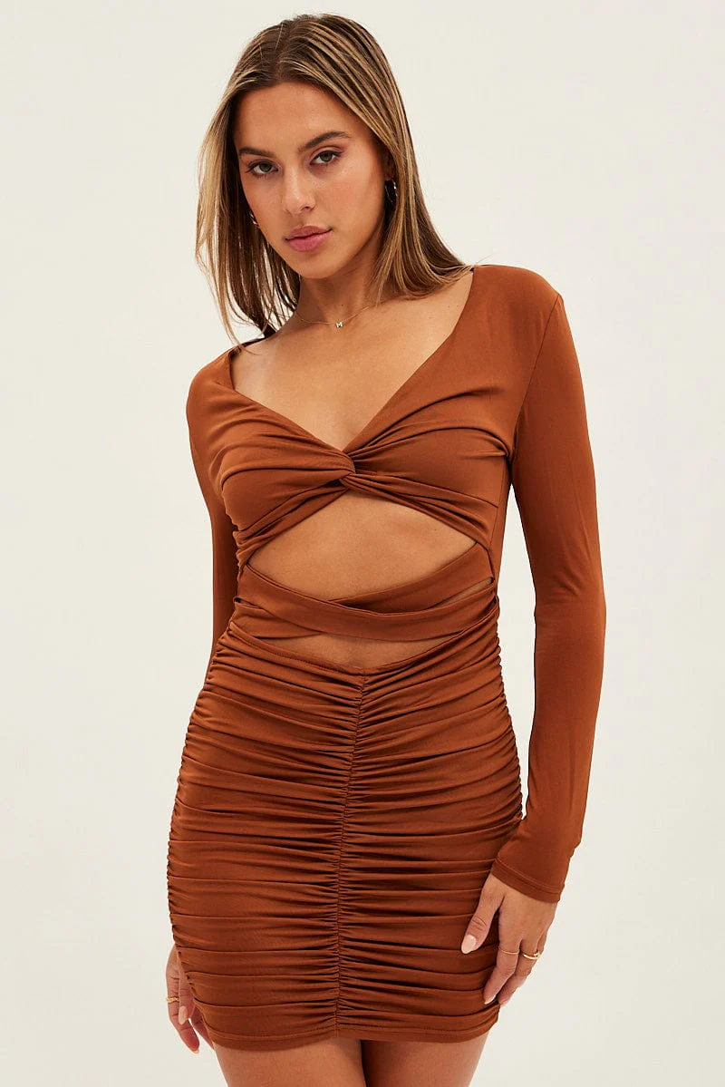 Brown Twist Front Ruched Bodycon Dress