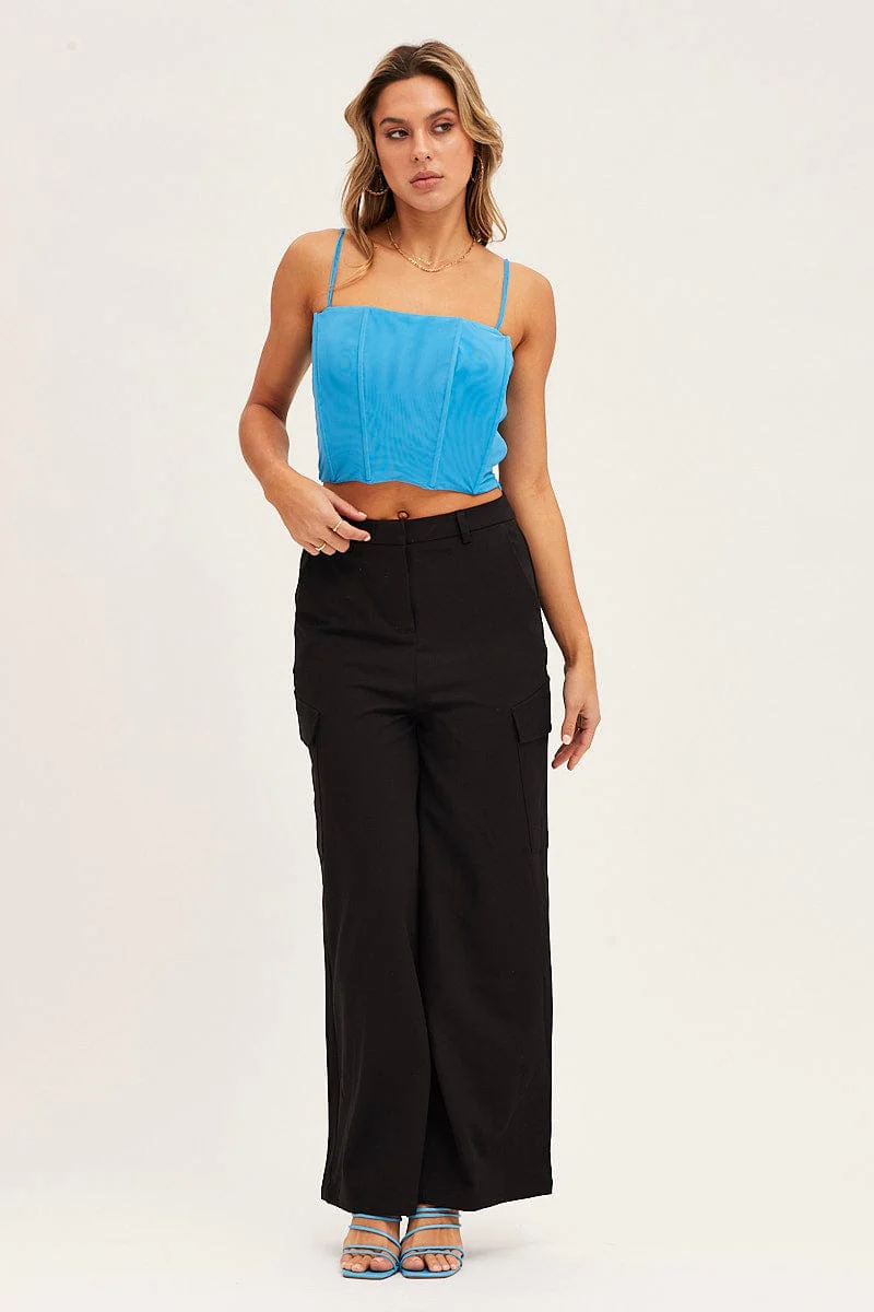 Blue Mesh Sleeveless Corset Detail Singlet Top