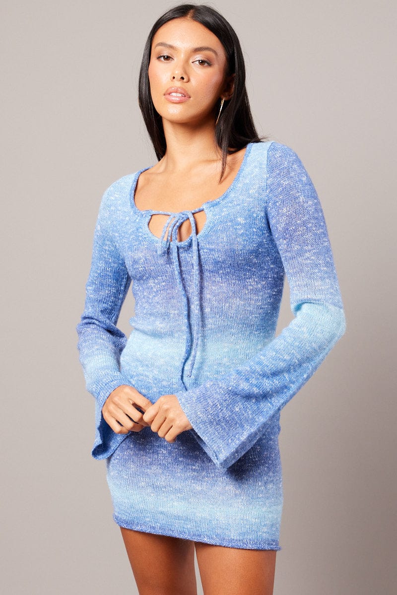 Blue Knit Dress Long Sleeve Mini