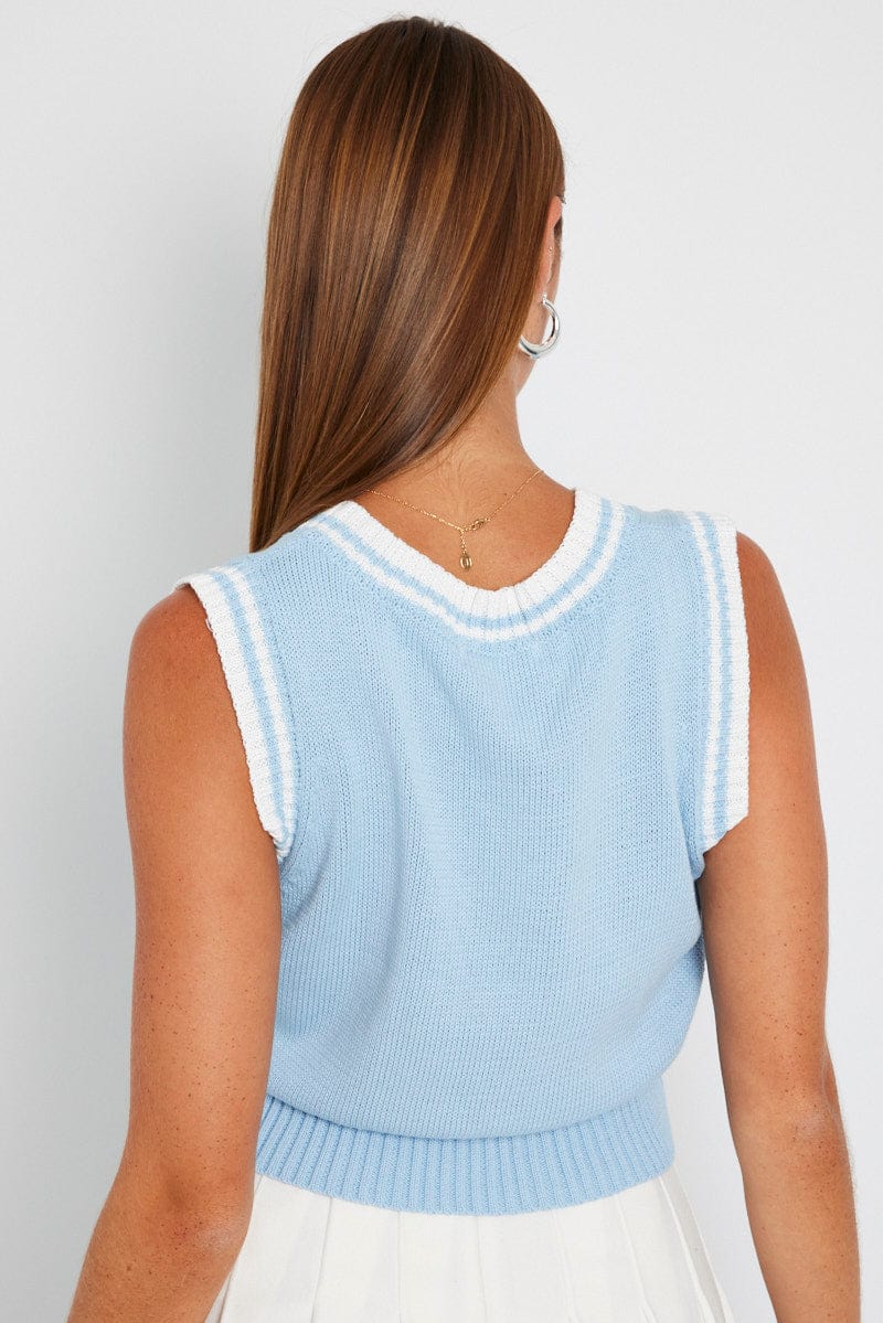 Blue Knit Vest V Neck Stripe