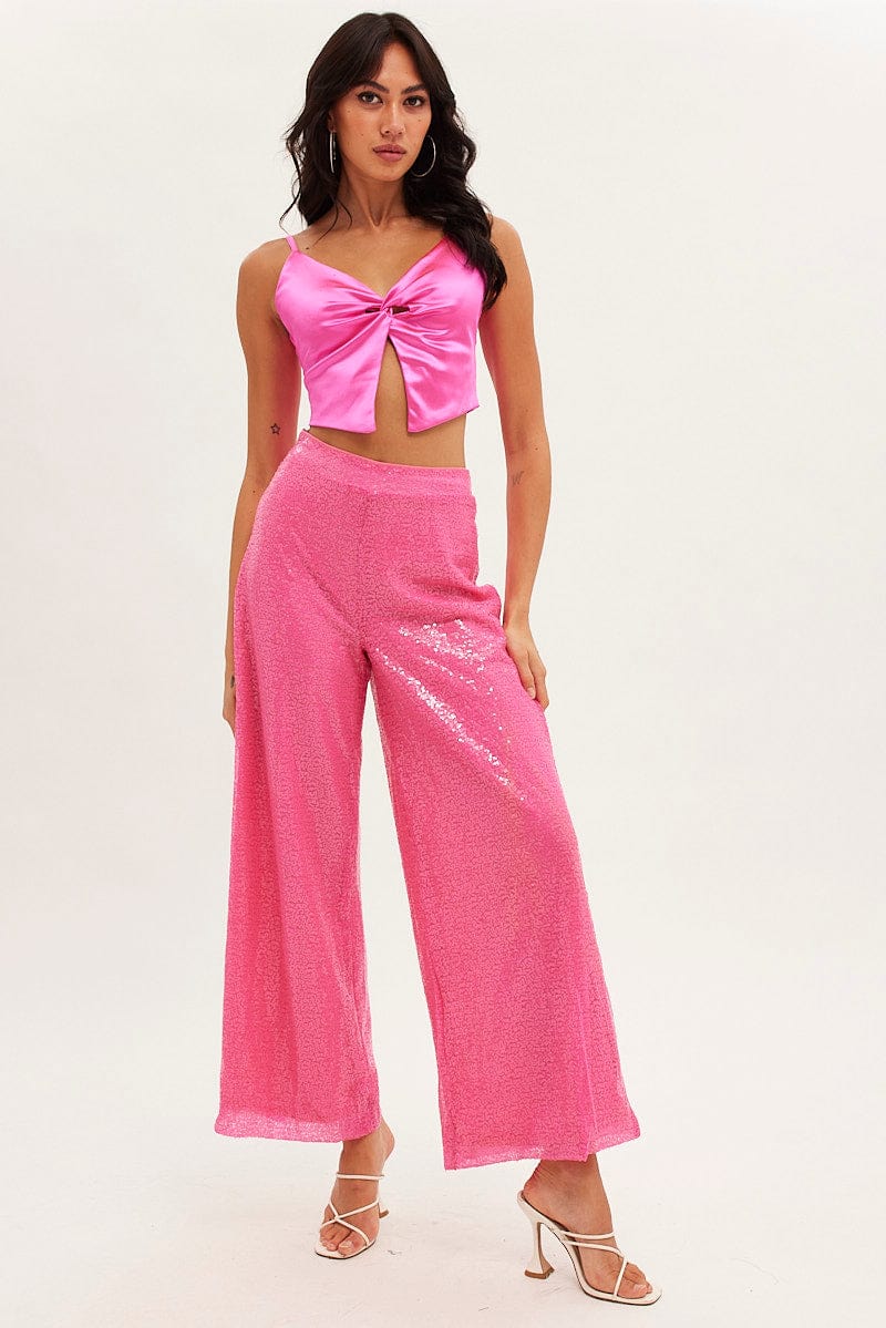 Pink Cami Top Sleeveless V Neck Crop Butterfly