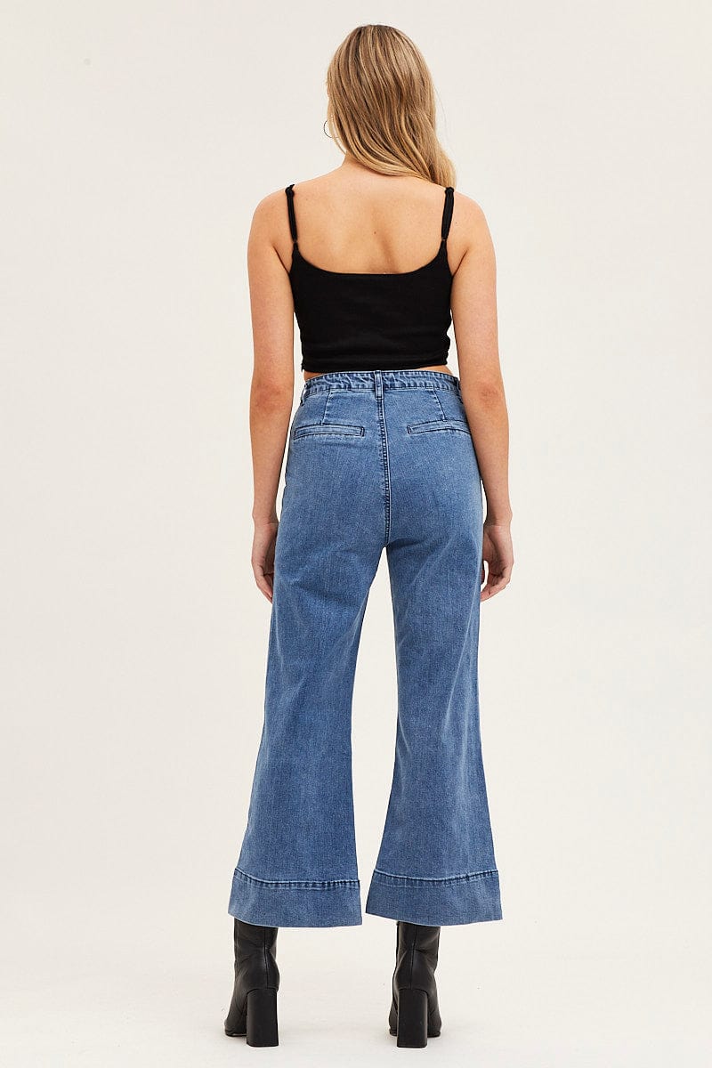 Blue Denim Jeans High Rise Wide Leg Pocket