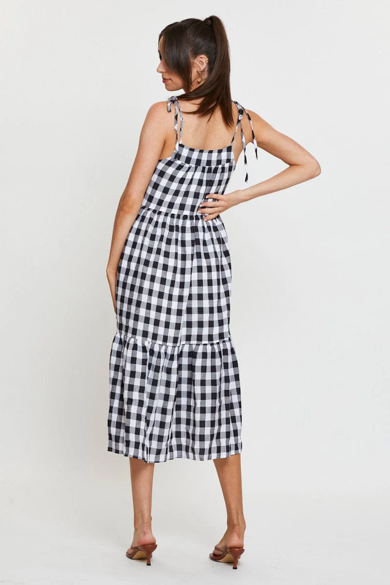 Check Midi Dress Sleeveless Tie Shoulder
