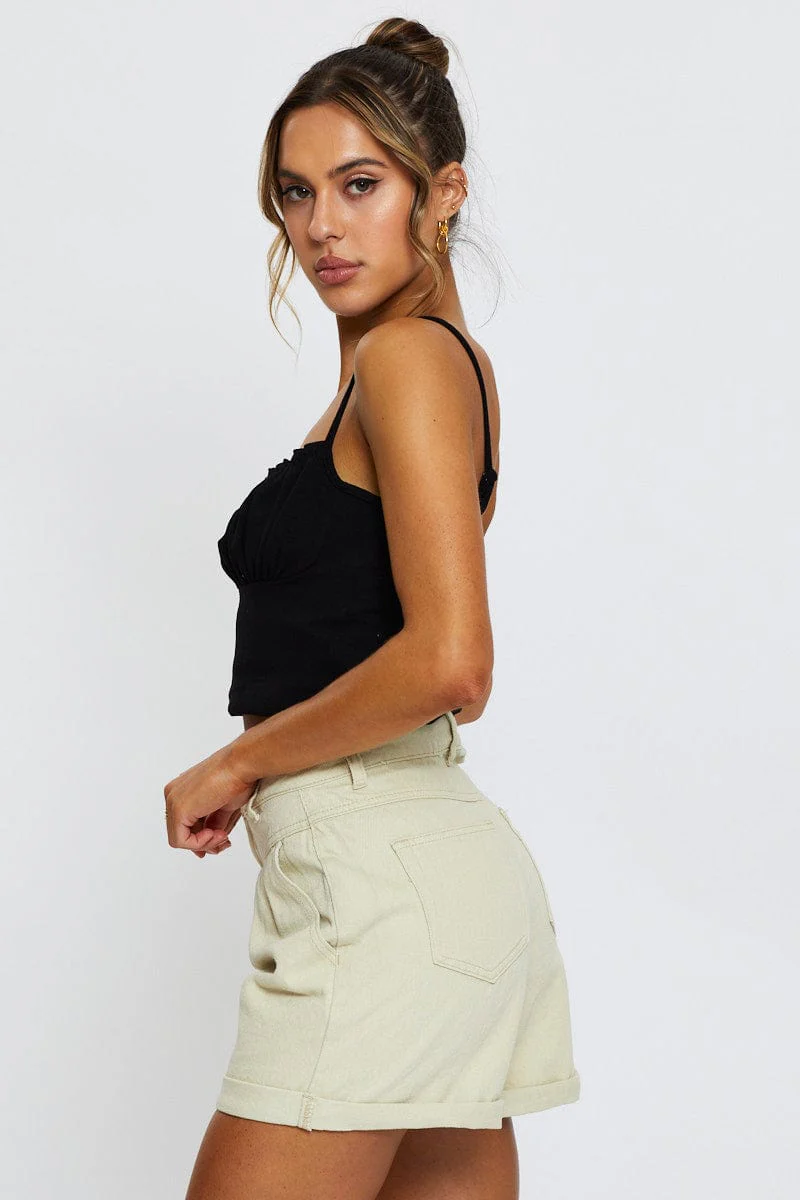 Beige Relaxed Denim Shorts High Rise
