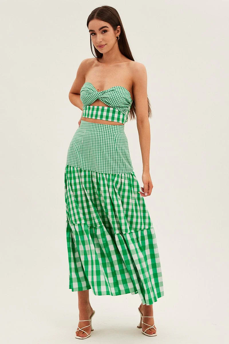 Green Check Bandeau Twist Front Sleeveless Crop