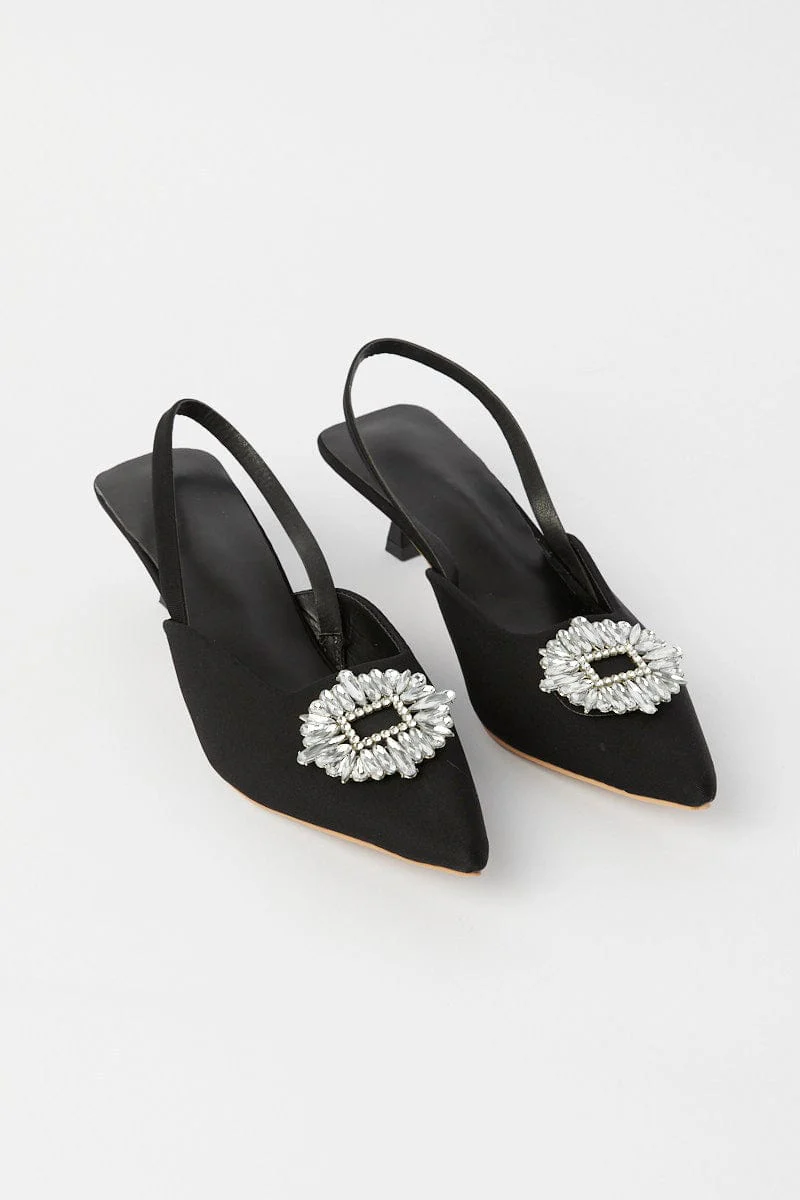 Black Rhinestone Decor Heeled Slingback