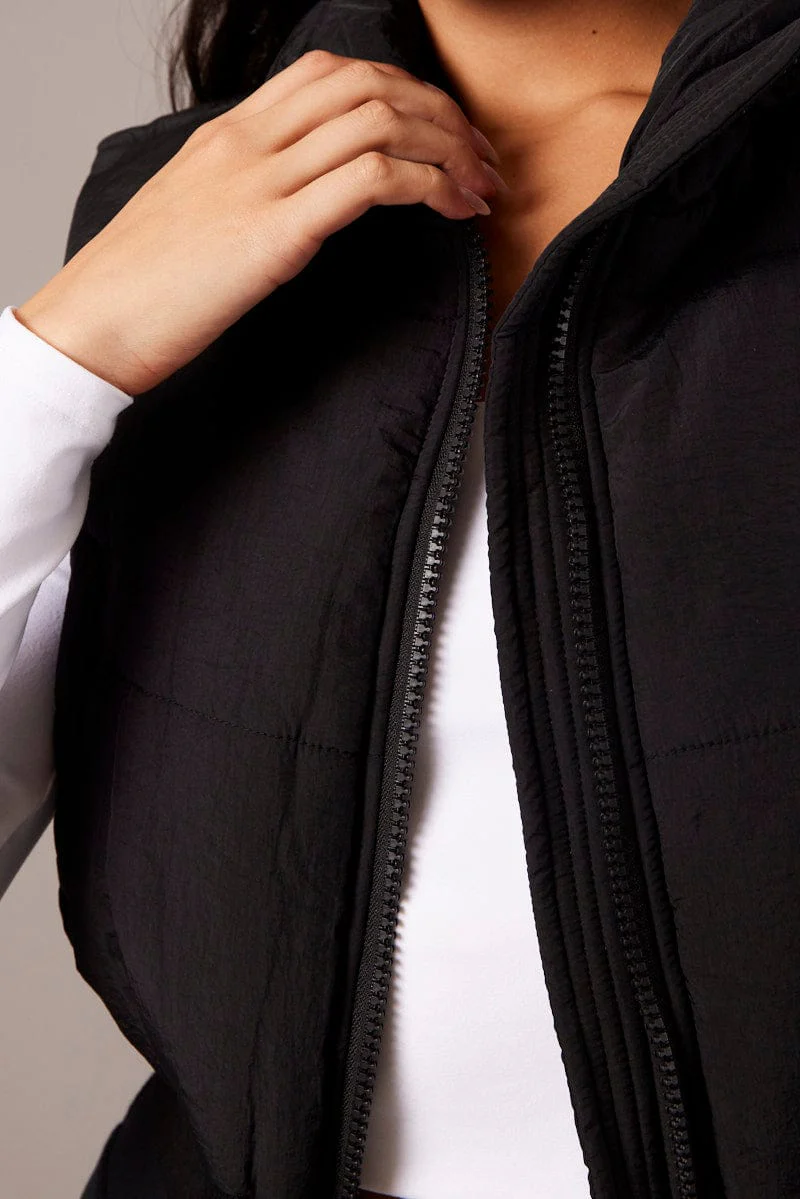 Black Short Puffer Jacket Sleeveless with Pockets