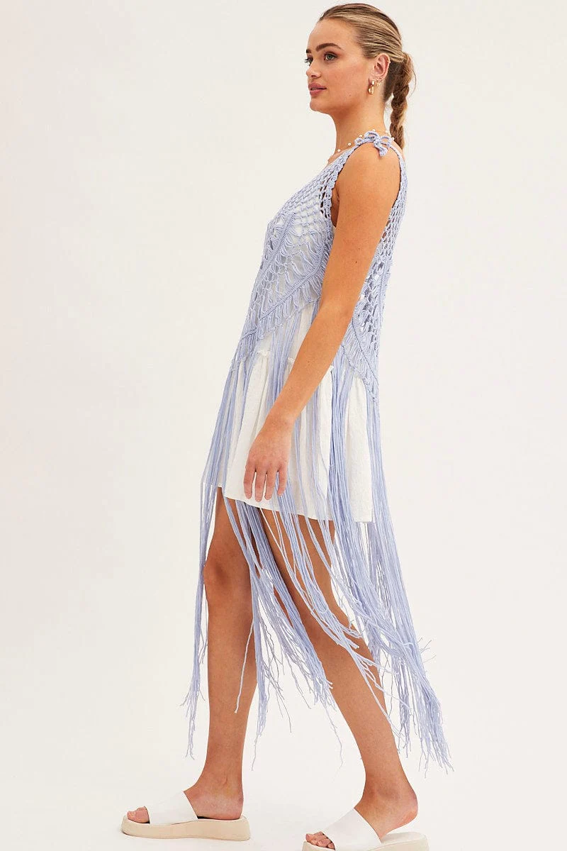 Blue Crochet Beach Pullover Dress Cover Up