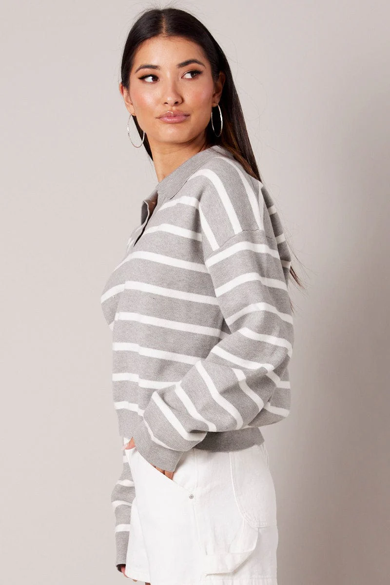 Grey Stripe Knit Top Long Sleeve Collar
