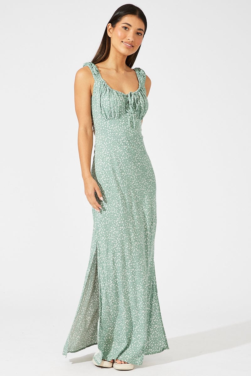 Green Ditsy Maxi Dress Short Sleeve Ruched Bust