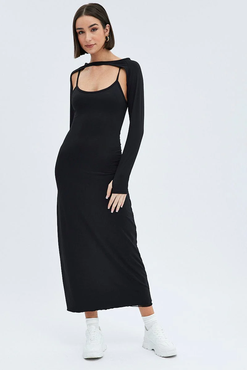 Black Shrug & Dress Set Long Sleeve Maxi Bodycon Jersey