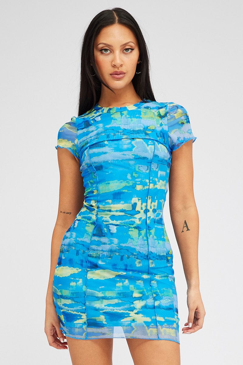 Blue Abstract Mini Dress Cap Sleeve Crew Neck Bodycon Mesh