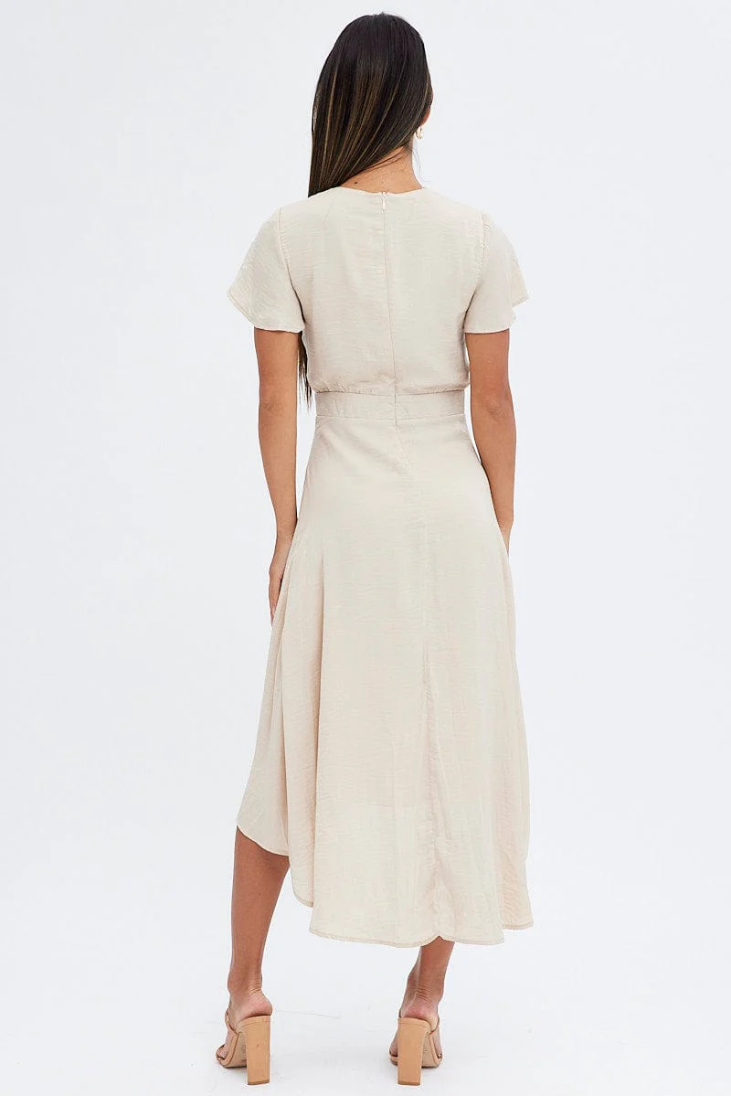 Beige Midi Dress Short Sleeve Tie Back Satin