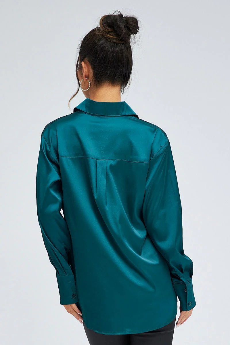 Green Shirt Long Sleeve Collared Neck Satin